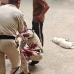 मल्हारगंज में घायल हेड कांस्टेबल को संभालते पुलिसकर्मी