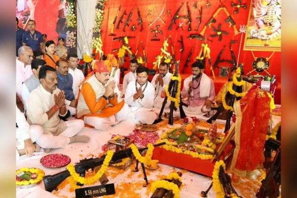 Chief Minister Dr Mohan Yadav performing Shastra Pujan at Indore Police Line