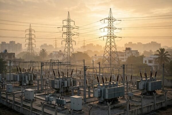 बिजली के ट्रांसफार्मर और ग्रिड लाइनों की सांकेतिक तस्वीर