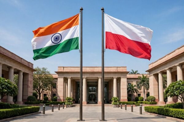 भारत और पोलैंड के ध्वजों के साथ द्विपक्षीय वार्ता का सांकेतिक चित्र / Symbolic image of India and Poland flags at bilateral talks