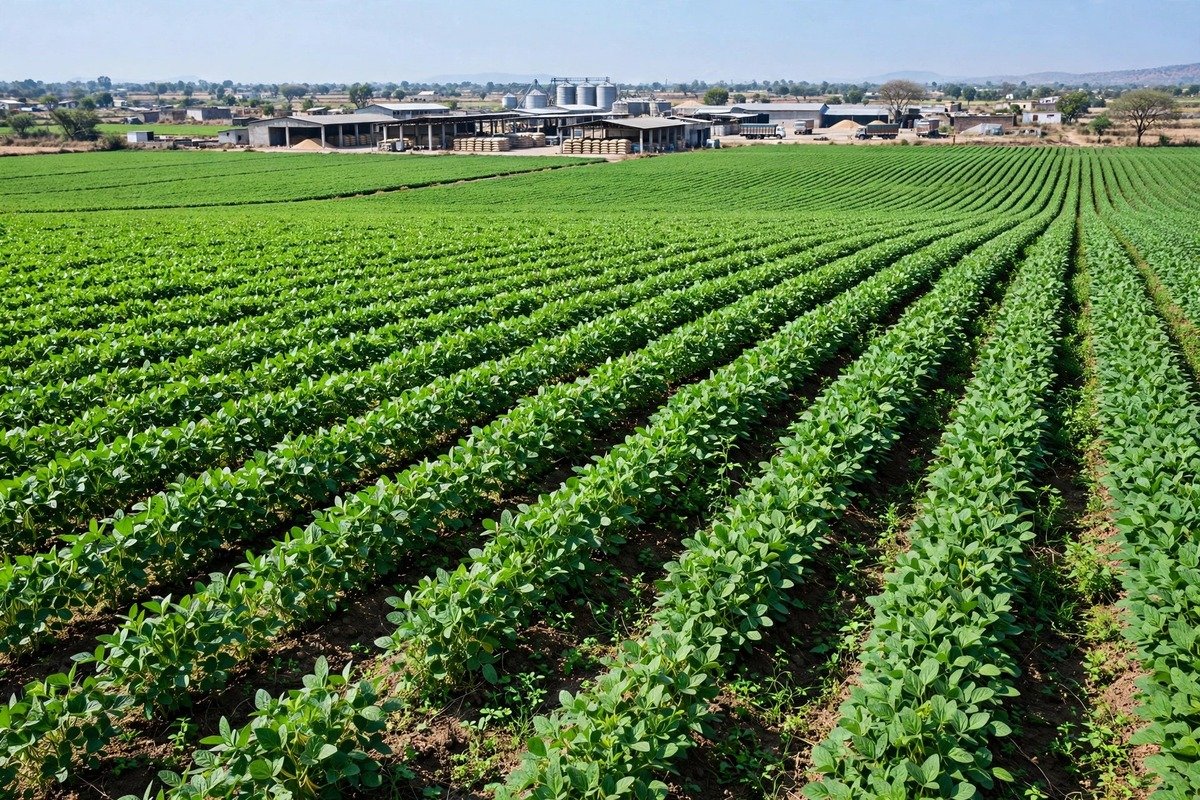 सोयाबीन की फसल और मंडी का चित्र — भावांतर योजना / Symbolic image of soybean crop and mandi — bhavantar scheme