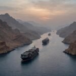 Symbolic image — cargo ships in a strait