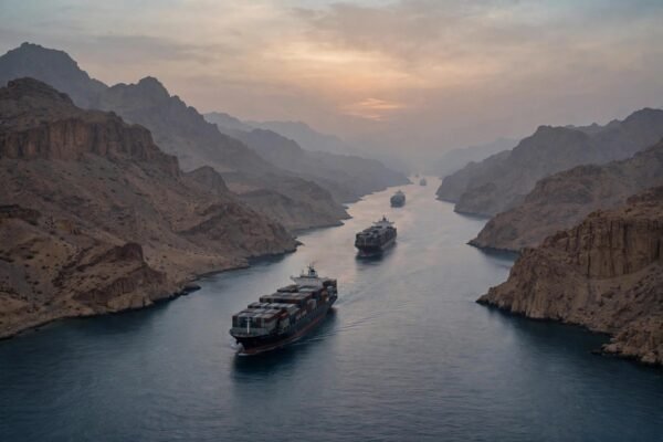 Symbolic image — cargo ships in a strait