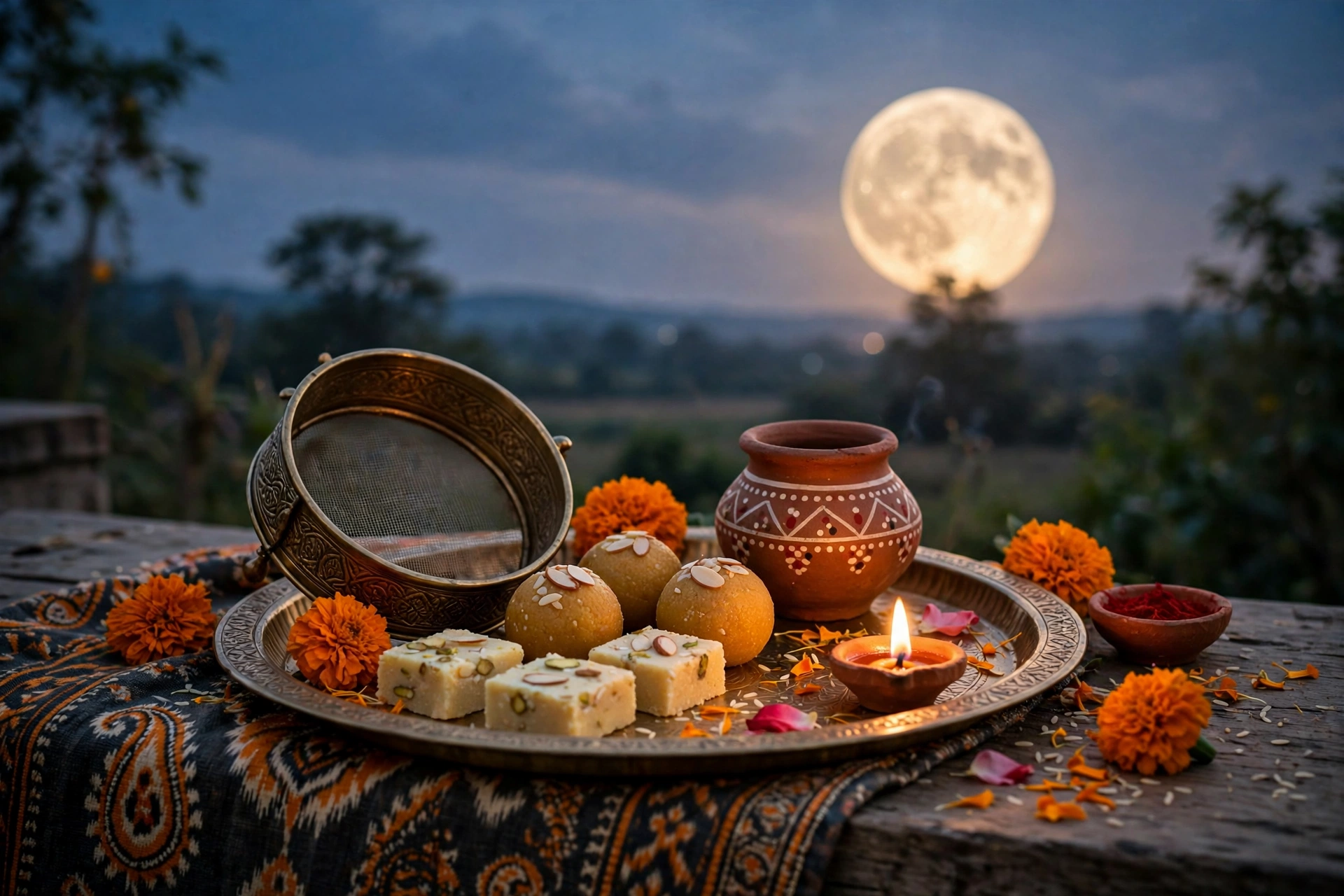 करवा चौथ की पूजा थाली और चंद्रमा (सांकेतिक चित्र)