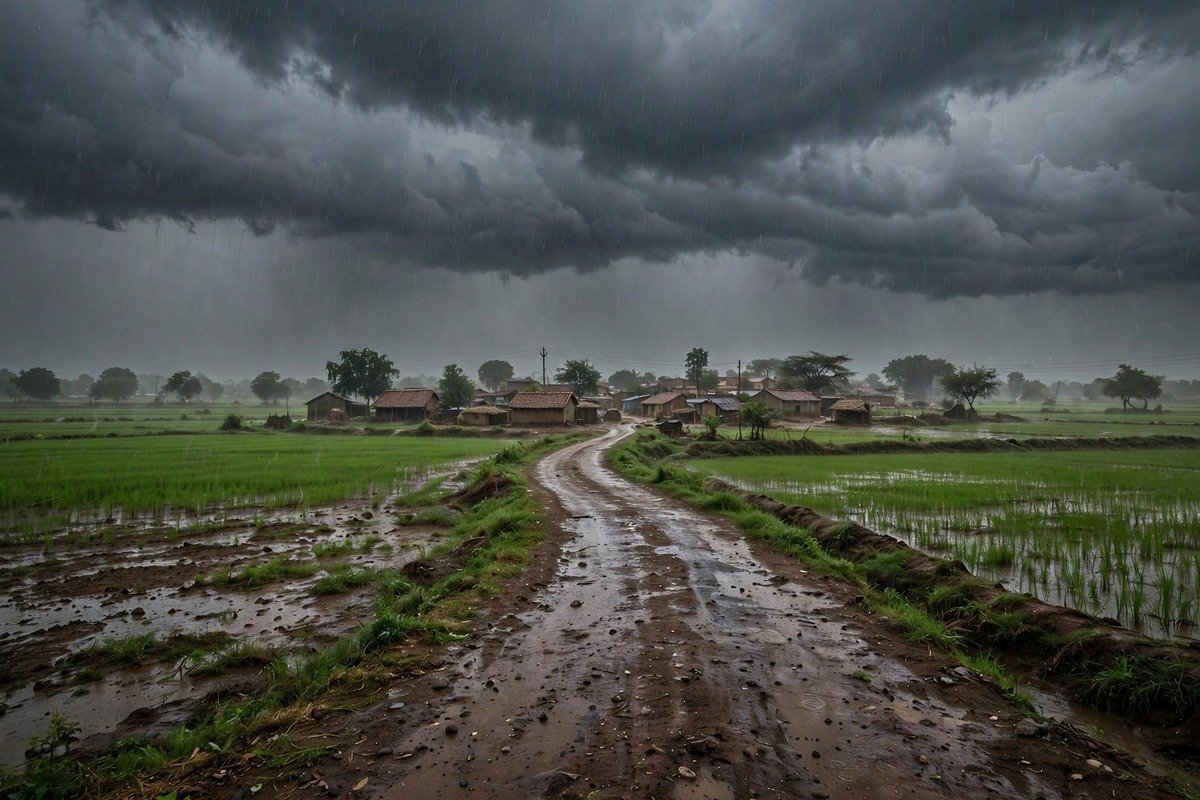 सांकेतिक चित्र: बारिश के बादल और भीगता गांव