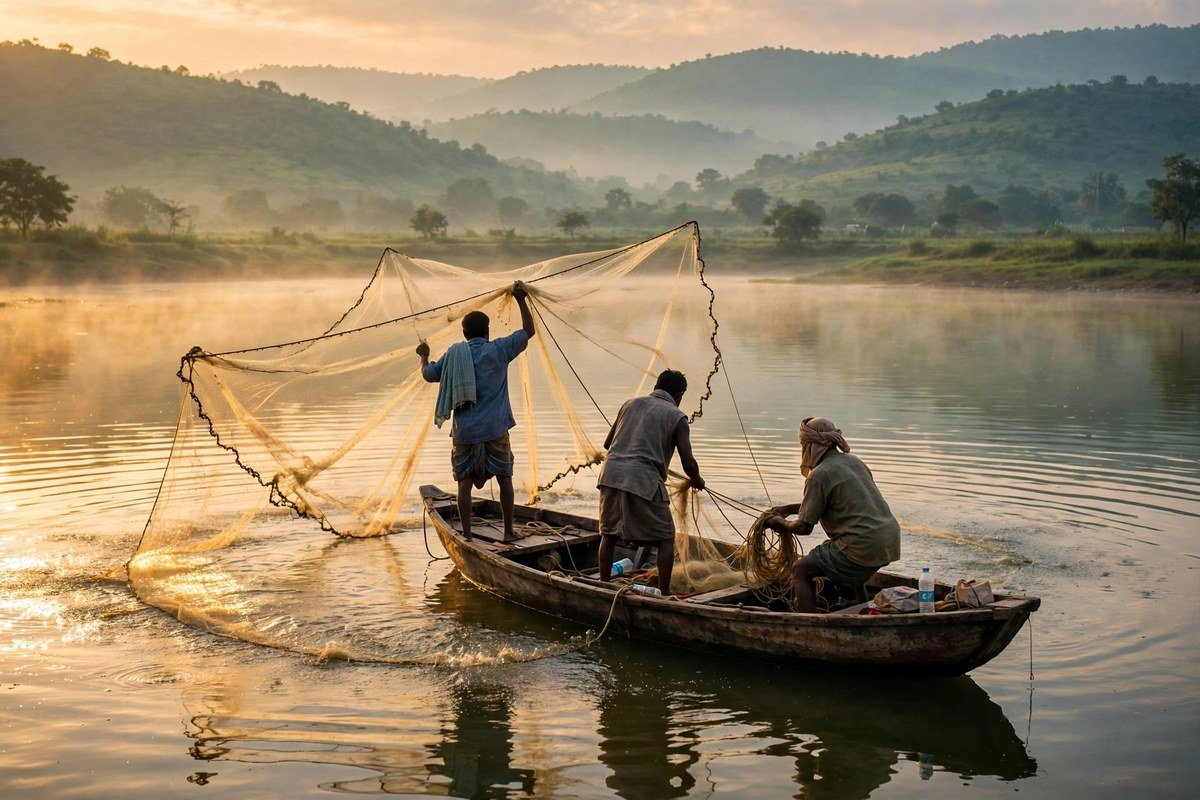 Symbolic image — fishermen casting nets on a reservoir at sunrise