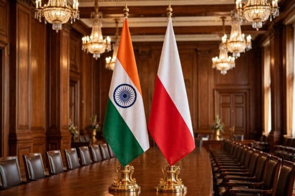 नई दिल्ली के हैदराबाद हाउस में भारत और पोलैंड के झंडे — मोदी-टस्क द्विपक्षीय वार्ता का सांकेतिक चित्र