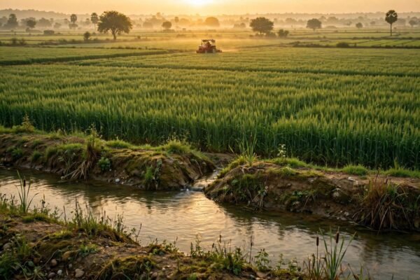 सांकेतिक चित्र: सूर्योदय के समय हरा-भरा खेत और ट्रैक्टर