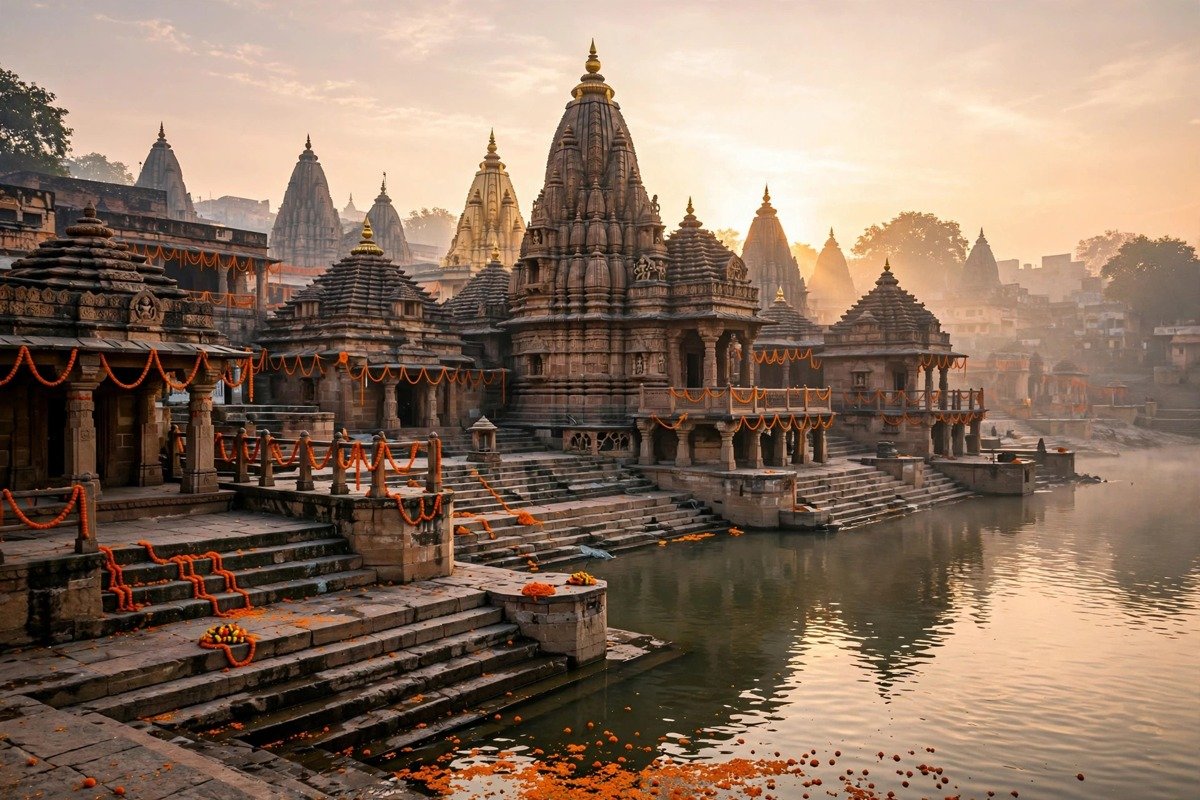 Symbolic image: ancient temple spires and a river ghat in Ujjain