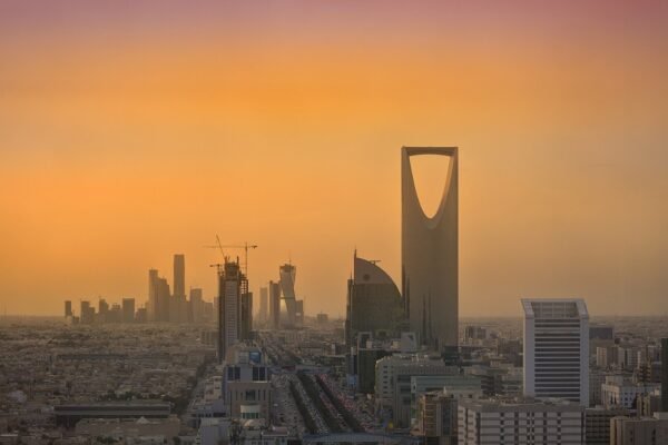 The Riyadh skyline at sunset