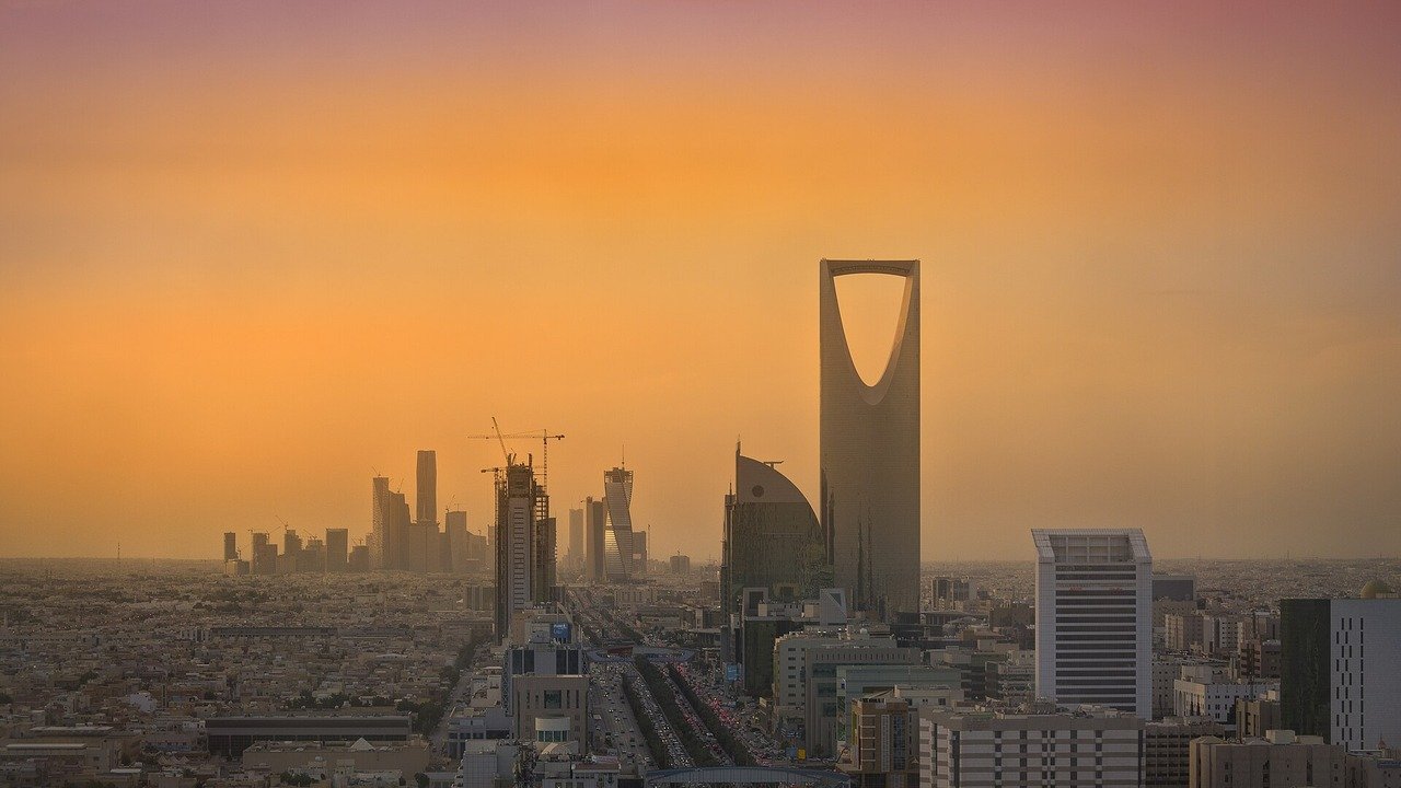 The Riyadh skyline at sunset