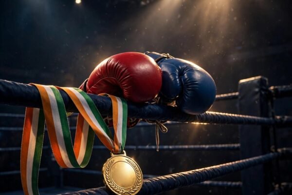 Symbolic illustration of boxing gloves and a gold medal with the Indian tricolour (AI illustration).