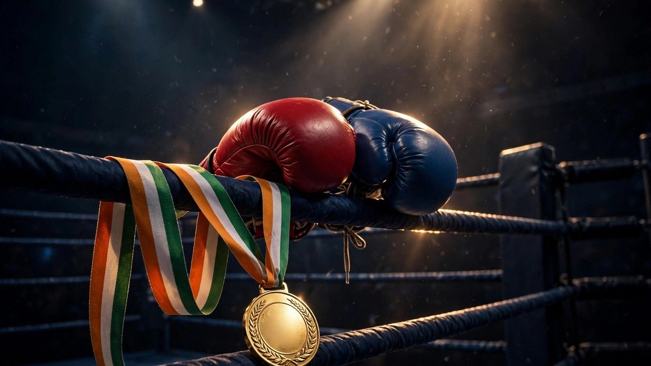 Symbolic illustration of boxing gloves and a gold medal with the Indian tricolour (AI illustration).